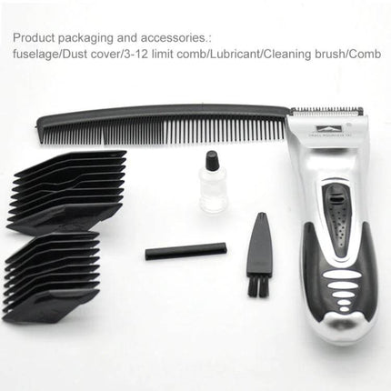 Electric Hair Shaver For Men And Children, Home Grooming Silver showing shaver, combs, guards, cleaning brush and lubricant