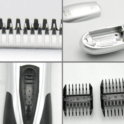 Electric Hair Shaver For Men And Children, Home Grooming Silver showing stainless steel blade, battery compartment, grip and comb attachments