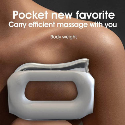 Electric Heating EMS Meridian Dredge Fascia Knife Small Massager held against shoulder for portable one-handed muscle relief and recovery