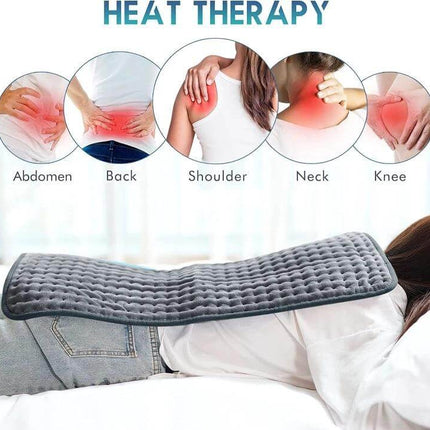 Electric Heating Pad For Waist And Belly Everyday 50x100cm — gray crystal velvet heating pad laid on lower back showing heat therapy for abdomen, back, shoulder, neck, knee