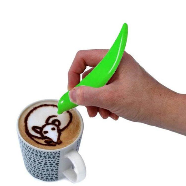 Electric Latte Art Pen for Coffee and Cake Decorating - green electric pen drawing bear latte art on cappuccino in white patterned mug