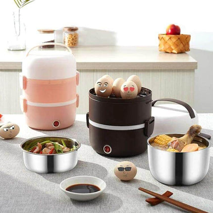 Electric Lunch Box Double Layer For Daily Meals At Work - compact double-layer electric lunch box with steam circulation, two stackable trays and carry handle