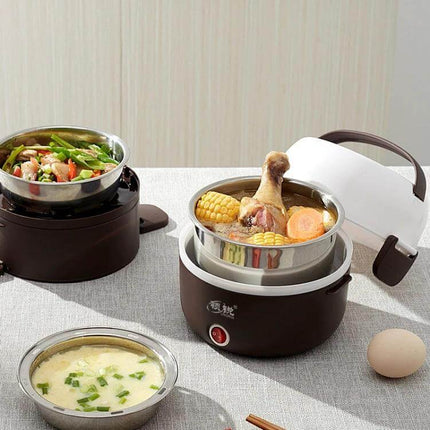 Electric Lunch Box Double Layer For Daily Meals At Work - compact 2-layer 15x15cm electric food warmer with steam circulation and carry handle