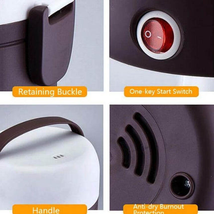 Electric Lunch Box Double Layer For Daily Meals At Work showing retaining buckle, one-key start switch, handle and anti-dry protection vent