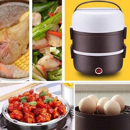 Electric Lunch Box Double Layer For Daily Meals At Work - compact double-layer 1.3L electric lunch box with two stackable trays and handle, shown with rice vegetables eggs