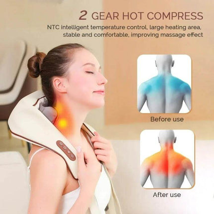 Electric Neck And Shoulder Shiatsu Massager For Home Use shown worn by woman with 2-gear hot compress illustrating before and after upper-back relief