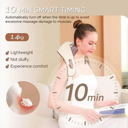 Electric Neck And Shoulder Shiatsu Massager For Home Use worn by woman reading, 10‑minute smart timing, lightweight silicone massage heads for neck and trapezius