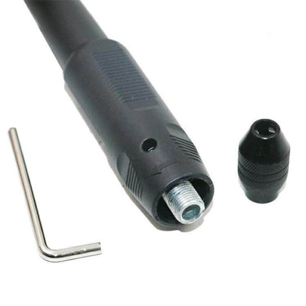 Electric Screwdriver With Flexible Shaft And Chuck showing flexible shaft end, spare chuck and hex key for tight-access tasks