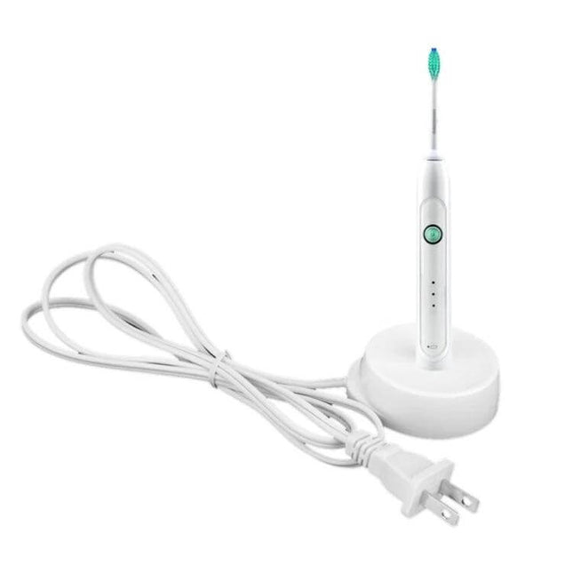 Electric Toothbrush Charging Cradle Replacement For Oral-B white replacement charger with cord and toothbrush on cradle