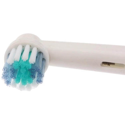 Electric Toothbrush Heads 4 Pack With Soft Nylon Bristles showing round brush head with soft blue and green nylon bristles and carbon bamboo holder