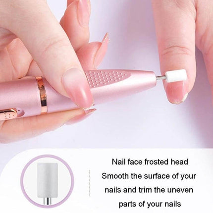 Electrical Nail Polisher and Remover Pen, Red for At-Home Nail Care - close-up of red USB nail polisher smoothing natural nails with frosted grinding head