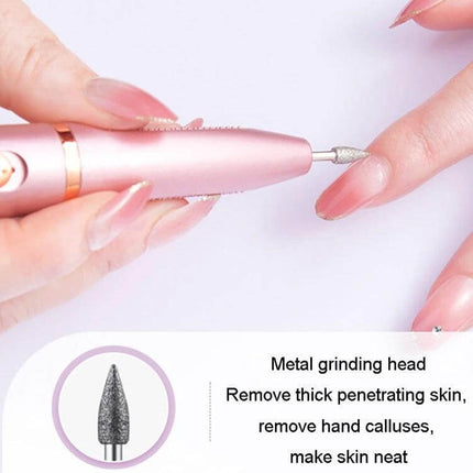 Electrical Nail Polisher and Remover Pen, Red for At-Home Nail Care showing close-up use with metal grinding head smoothing natural nails