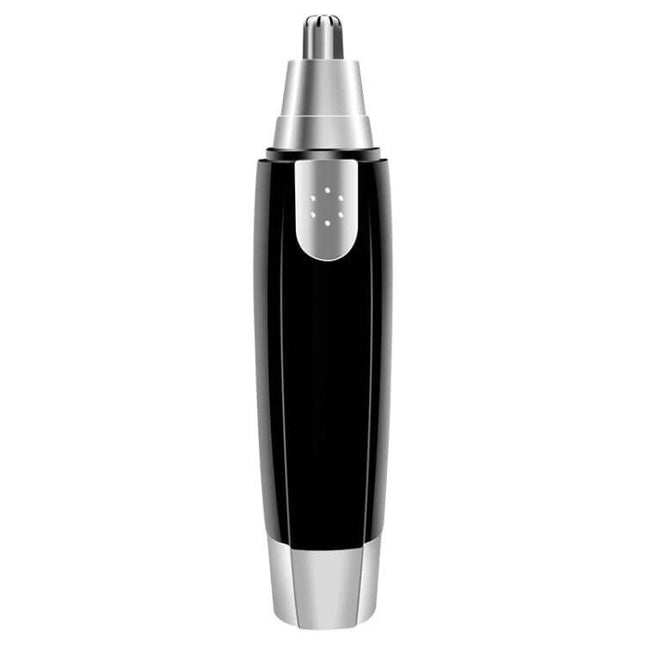 Electrical Nose Hair Trimmer Battery Powered for Easy Grooming – compact black 360-degree rotating blade, AA battery operated travel nose hair trimmer