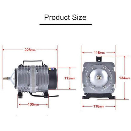 Electromagnetic Air Pump for Fish Tank Oxygenation showing dimensions 228x112x105mm and front 118x134mm for aquarium aeration