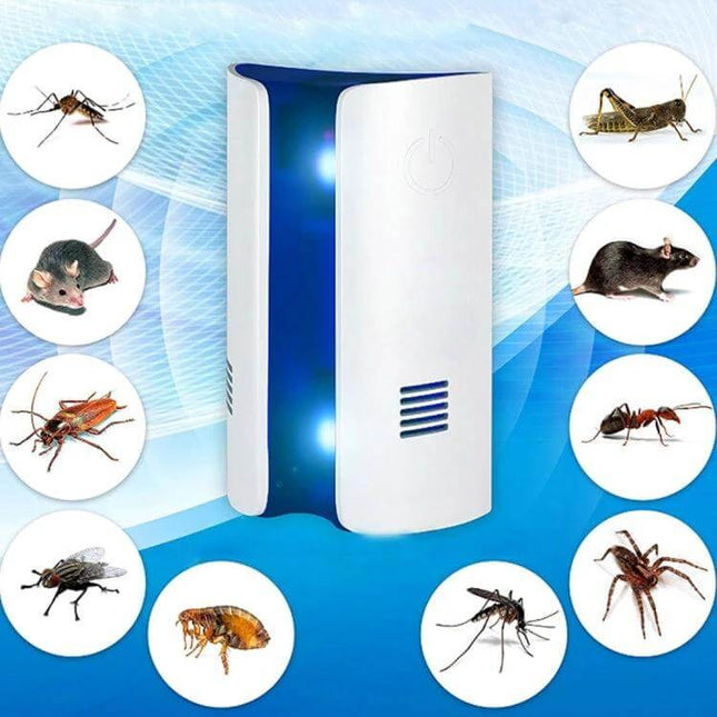 Electromagnetic Wave Mosquito Repeller For Home Use US Plug next to pests on blue background, ABS housing, chemical-free indoor pest control