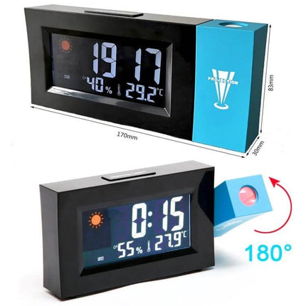 Electronic Colour Screen Weather Clock With Projection For Home digital clock showing time, humidity, temperature and 180-degree projection feature