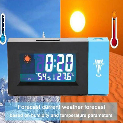 Electronic Colour Screen Weather Clock With Projection For Home showing color LCD, humidity, temperature and projection feature