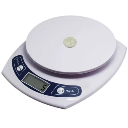 Electronic Kitchen Scale 7kg x 1g For Small Batches And Recipes - white digital kitchen scale weighing a coin on round platform