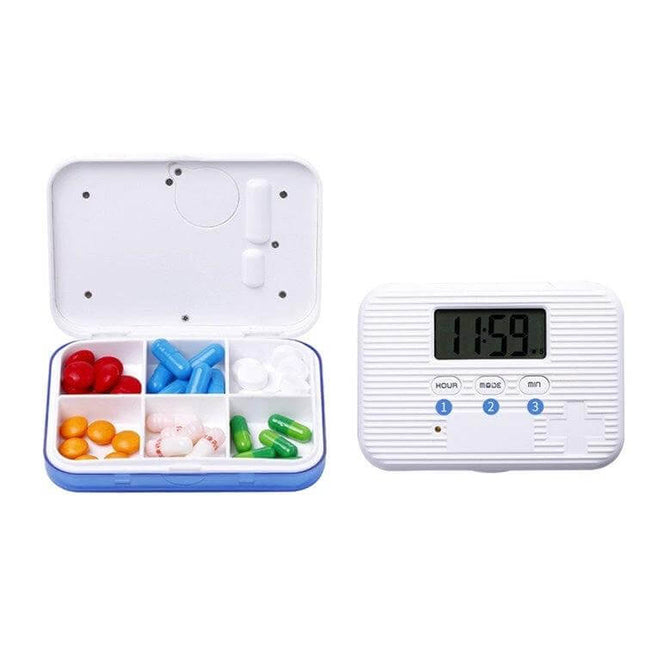 Electronic Pill Box Six-Grid Reminder for Daily Meds showing open six-compartment box with pills and separate digital reminder clock