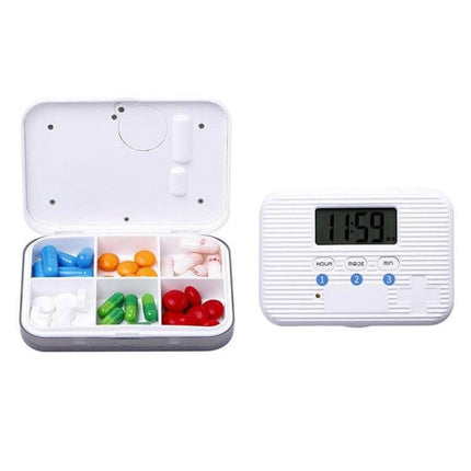 Electronic Pill Box Six-Grid Reminder for Daily Meds showing open six compartments with pills and separate digital alarm timer