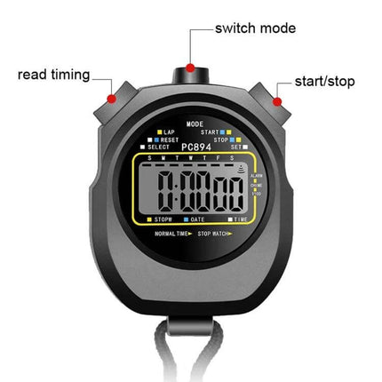 Electronic Stopwatch for Sports Training Waterproof shown front view with LCD, 3-key operation and labeled start/stop, switch mode and read timing