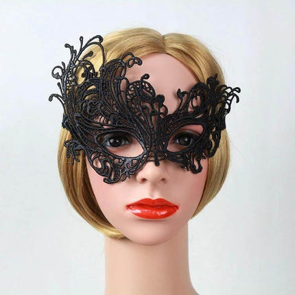Elegant Eye Mask Lace Venetian Masquerade Ball Party Accessory black lace paper-cut mask with self-tie ribbons on mannequin