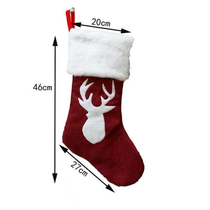 Embroidered Christmas Stocking Ornament Gift Bag Snowflake Style - red linen stocking with white faux fur cuff and reindeer motif, 46x27x20cm