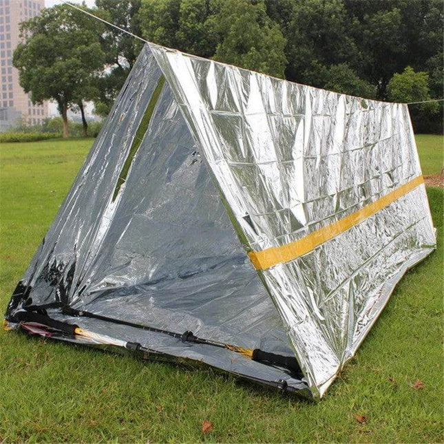 Emergency Outdoor Tent Shelter For Quick Use Silver - lightweight 2.4m PET aluminum film emergency tent with rope, waterproof and thermal protection