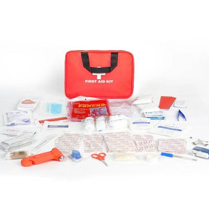 Emergency Supplies Kit for Home and Outdoors - Red red canvas first aid kit with organized wound care supplies for home travel and outdoor use