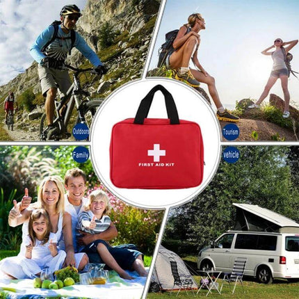 Emergency Supplies Kit for Home and Outdoors - Red compact red canvas first aid bag for hiking camping road trips and family emergencies