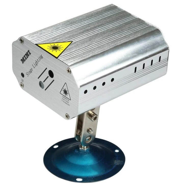 EMS-08 5V LED Laser Stage Light Ideal For Parties Everywhere - compact silver laser stage light with stand and remote-ready controls
