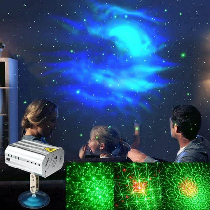 EMS-08 5V LED Laser Stage Light Ideal For Parties Everywhere projecting blue nebula and green laser dots in living room with remote and voice control