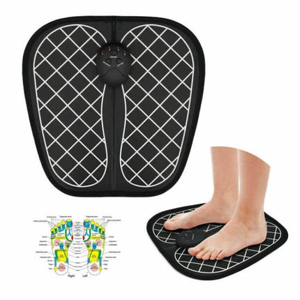 EMS Intelligent Leather Foot Massager For Daily Foot Massage - black leather EMS foot pad with silver meridian grid for circulation, relaxation and fatigue relief