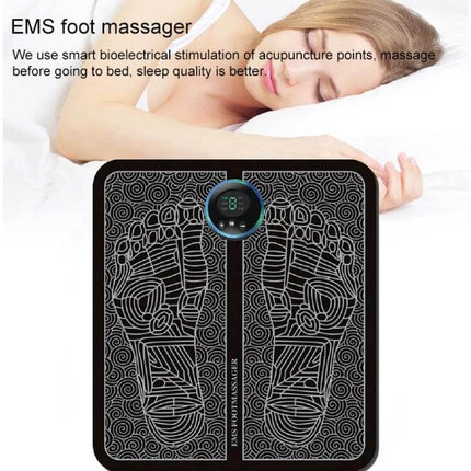 EMS Micro-Current Smart Foot Pad for Daily Foot Massage showing compact black pad with foot acupoint design and digital control for home therapy