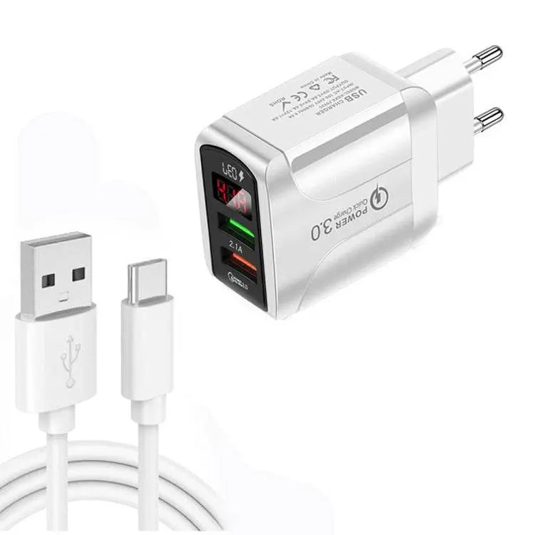 F002C QC3.0 USB LED Fast Charger with Type-C Cable EU Plug