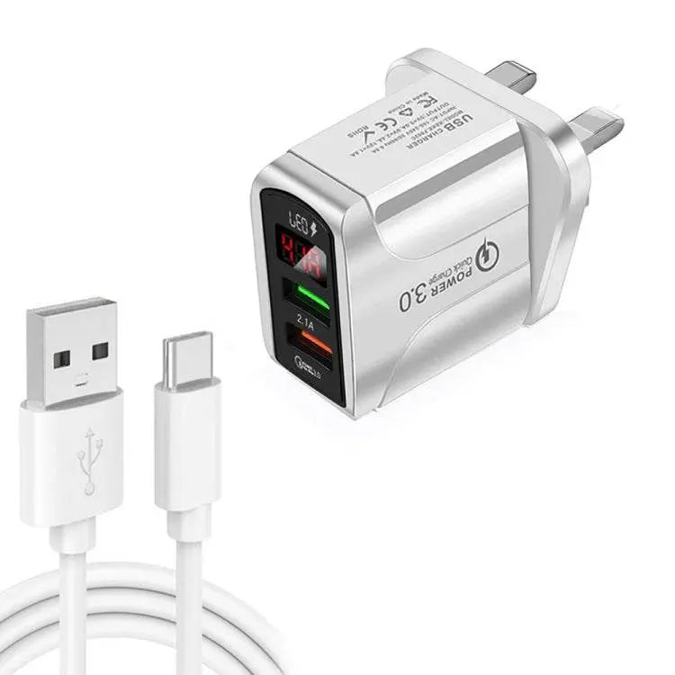 F002C QC3.0 USB LED Fast Charger with Type-C Cable UK Plug