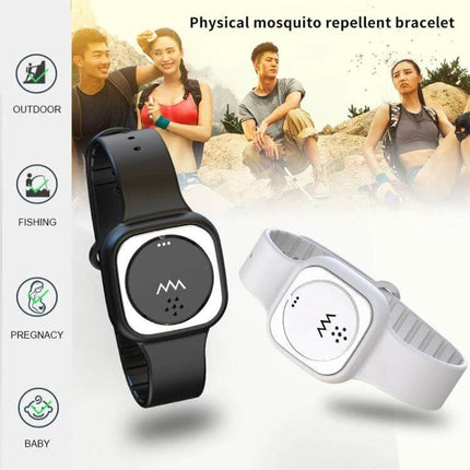 F8 Outdoor Silica Gel Mosquito Repellent Wristband Black shown on wrist and white variant for outdoor activities, camping and hiking protection