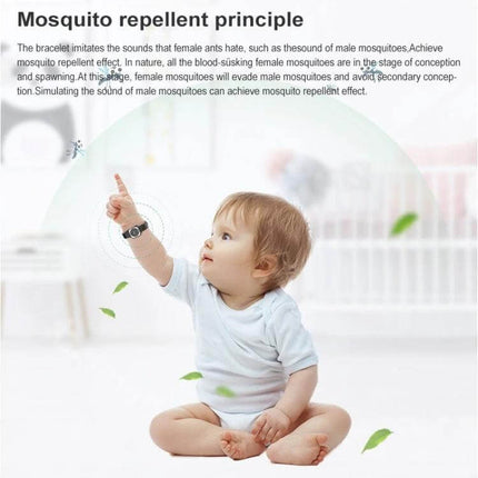 F8 Outdoor Silica Gel Mosquito Repellent Wristband Black shown worn by a baby demonstrating wearable mosquito protection