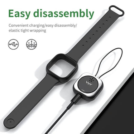 F8 Outdoor Silica Gel Mosquito Repellent Wristband Black shown disassembled with wrist strap and charging pod for easy outdoor use
