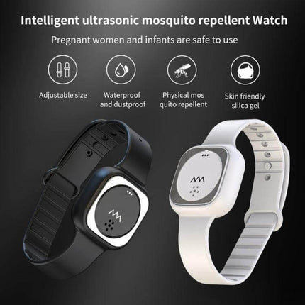 F8 Outdoor Silica Gel Mosquito Repellent Wristband Black shown in black and white wearable waterproof adjustable ultrasonic design
