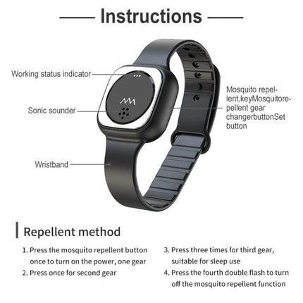 F8 Outdoor Silica Gel Mosquito Repellent Wristband Black shown with labeled instructions and repellent method for outdoor use