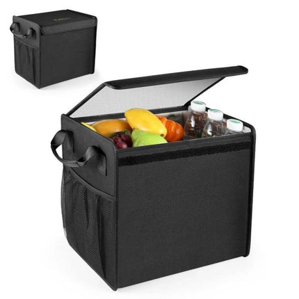 Foldable Car Trunk Organizer With Leakproof Cooler Bag open showing fruits, bottles and mesh side pockets, foldable compact storage
