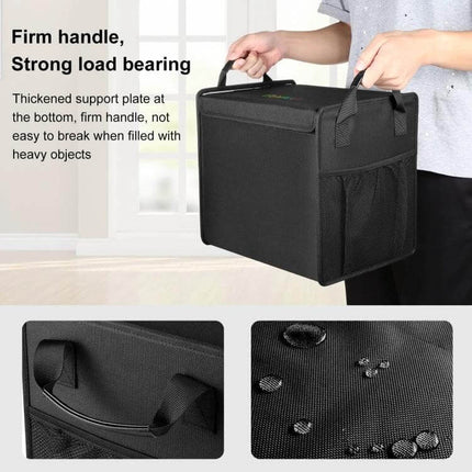 Foldable Car Trunk Organizer With Leakproof Cooler Bag held by person showing firm handles, mesh side pockets and water-resistant fabric
