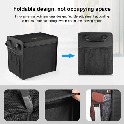 Foldable Car Trunk Organizer With Leakproof Cooler Bag showing open and folded black organizer with pockets and handle, ideal for groceries and travel