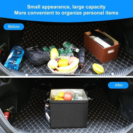 Foldable Car Trunk Organizer With Leakproof Cooler Bag neatly storing groceries and bottles in trunk before and after comparison