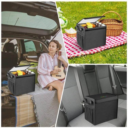 Foldable Car Trunk Organizer With Leakproof Cooler Bag showing removable cooler in trunk, picnic, and backseat uses, 13 x 12 x 10 open size