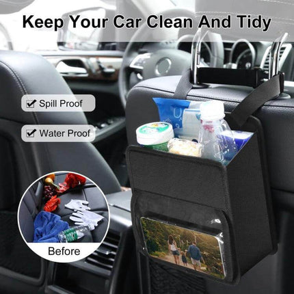 Funadd Portable Folding Back Seat Hook Storage Box hanging from car headrest used as trash bin and phone pocket, spillproof organizer
