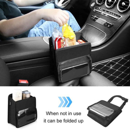 Funadd Portable Folding Back Seat Hook Storage Box hanging from car armrest as a trash bin and storage pouch with transparent phone pocket