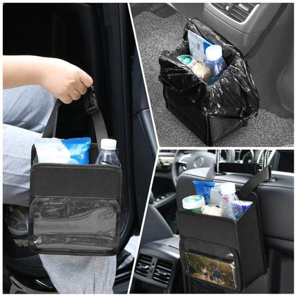 Funadd Portable Folding Back Seat Hook Storage Box hanging from car seat with transparent phone pocket, used as trash bin and storage pouch
