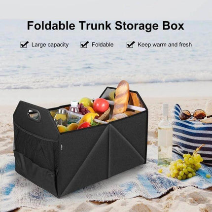 FunAdd Foldable Trunk Organizer Bag For Everyday Use - black 600D nylon foldable trunk organizer filled with groceries and picnic items on a beach